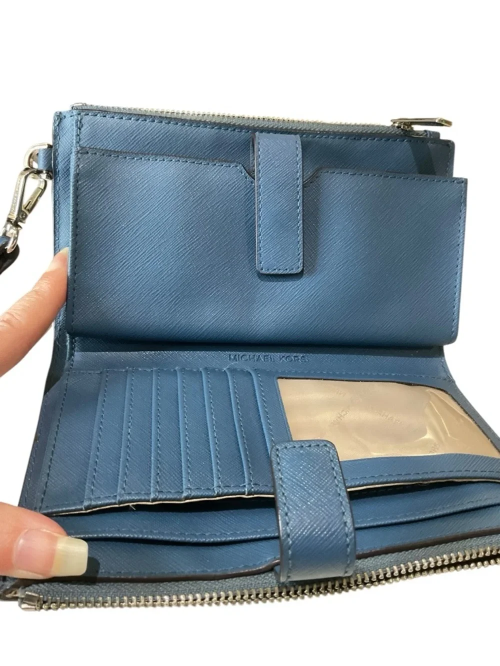 Michael Kors Teal Blue Saffiano Leather Wristlet Wallet